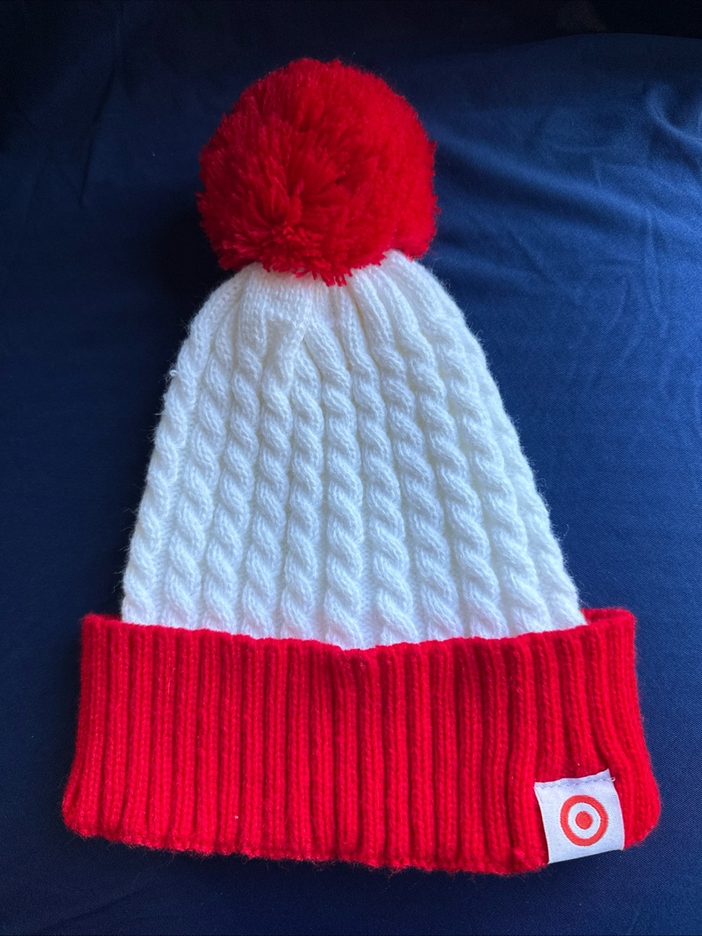 Target White Cable Knit Beanie with Red Cuff and Pom